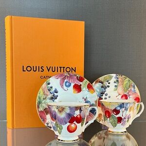 Duchess Tea Cups and Saucers, Set of 2. Cherries and Floral Pattern. 1980’s New.